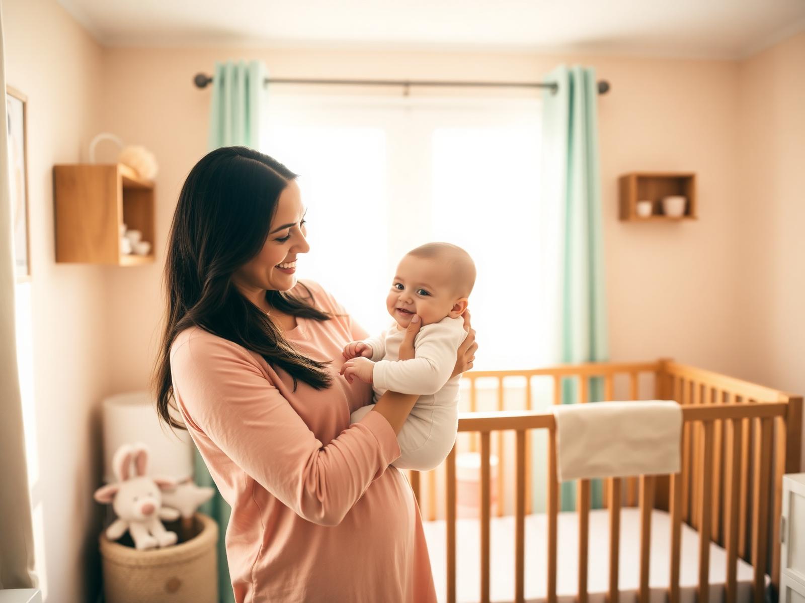 Mother holding her smiling baby in a sunlit nursery